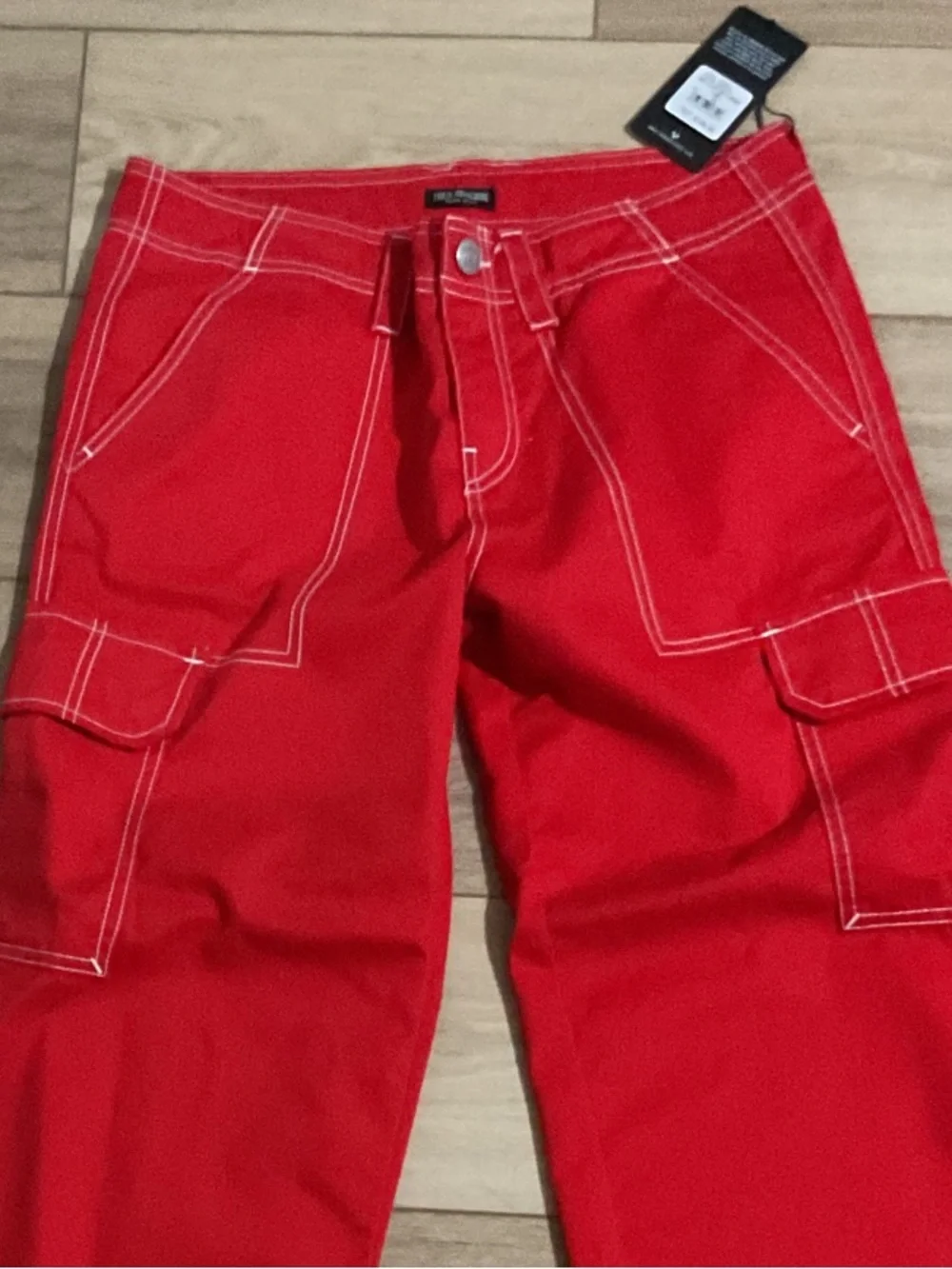 True Religion Red Cargo Pants with White Contrast Stitching